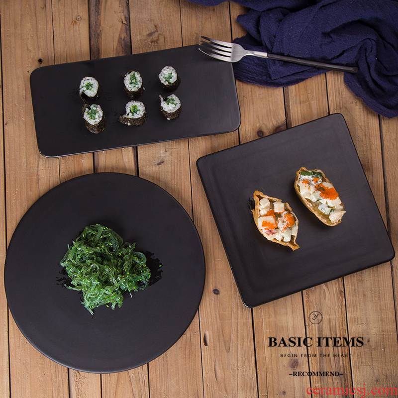 Matte enrolled black ceramic rectangular flat plate for circular disc dessert dish food dish sushi plate cake plate
