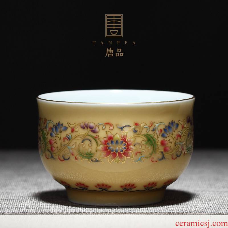 See Colour enamel kung fu tea cup tie up lotus flower tattoo master individual cup of jingdezhen ceramic cup jiao yellow large cup