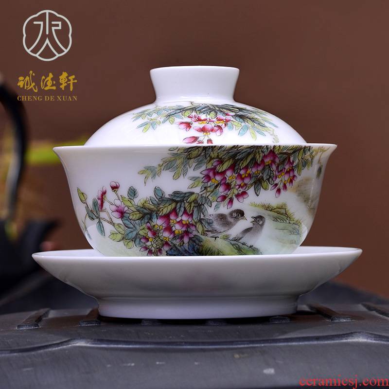 "Custom" cheng DE xuan tea set three to jingdezhen ceramic cup single tureen hand - made wisteria ChunYun pastel 7