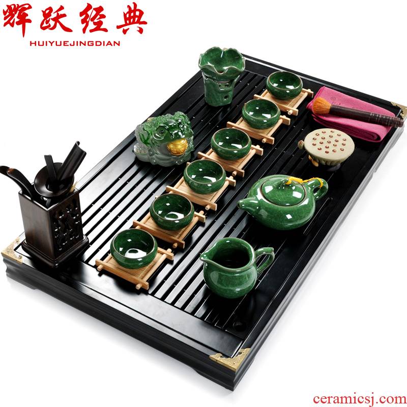 Hui, make ice crack kung fu tea sets suit ceramic celadon solid wood tea tray of a complete set of tea cups