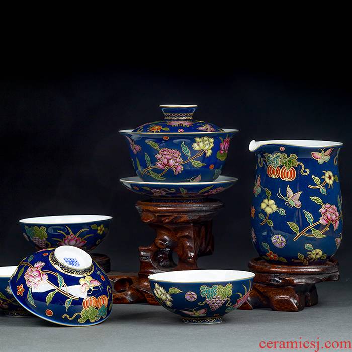 Treasure porcelain Lin blue colored enamel to fold the pomegranate 6 head tea cup