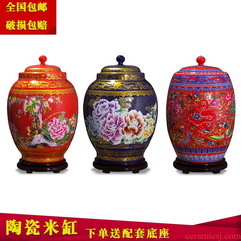 Jingdezhen household moistureproof ceramic cylinder barrel ricer box 20 jins 30 jins 50 kg pack with cover cylinder tank rice storage tank