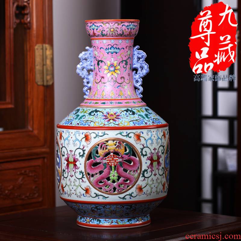 Jingdezhen ceramics imitation the qing qianlong pastel switch hollow - out the revolving vase household adornment handicraft furnishing articles