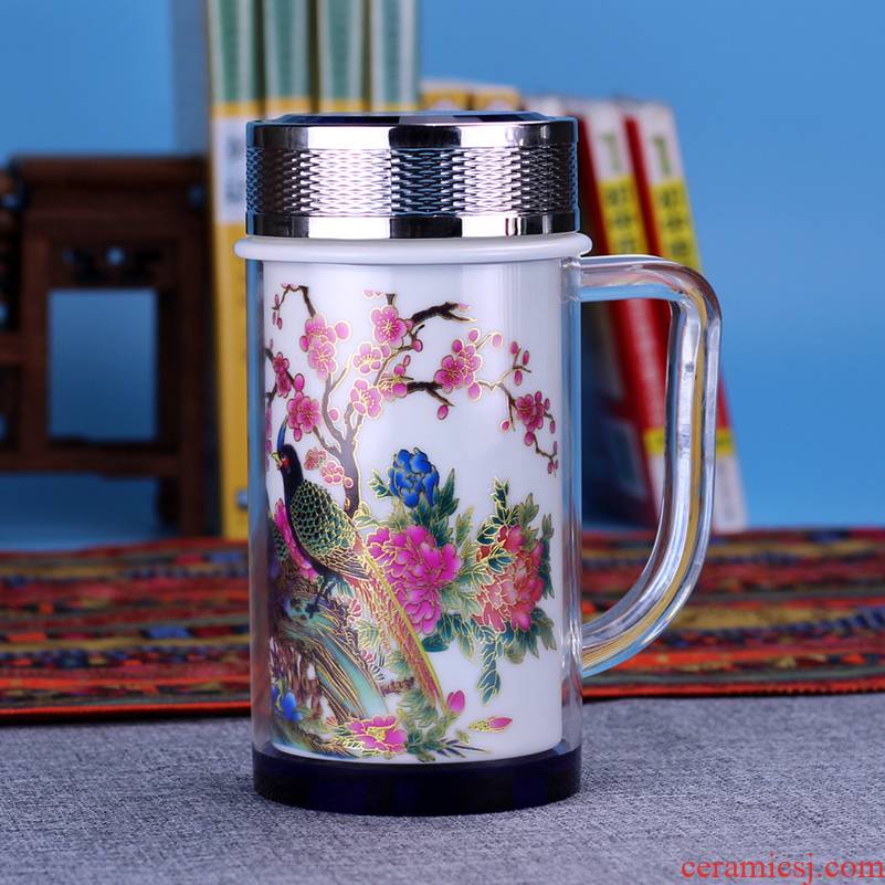 Jingdezhen ceramic cup double handle all ceramic tank vacuum cup gift custom office cup and meeting