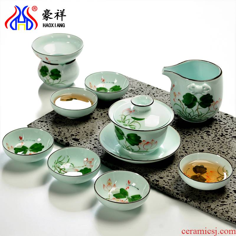 Howe auspicious hand - made celadon lotus kung fu tea cups of a complete set of blue and white porcelain ceramic teapot