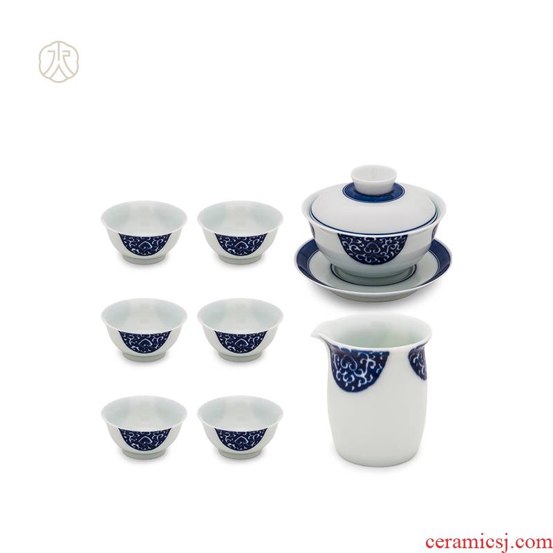 Cheng DE xuan tea set of jingdezhen ceramic kung fu tea set tea ware suit pure manual 8 head blue pearl