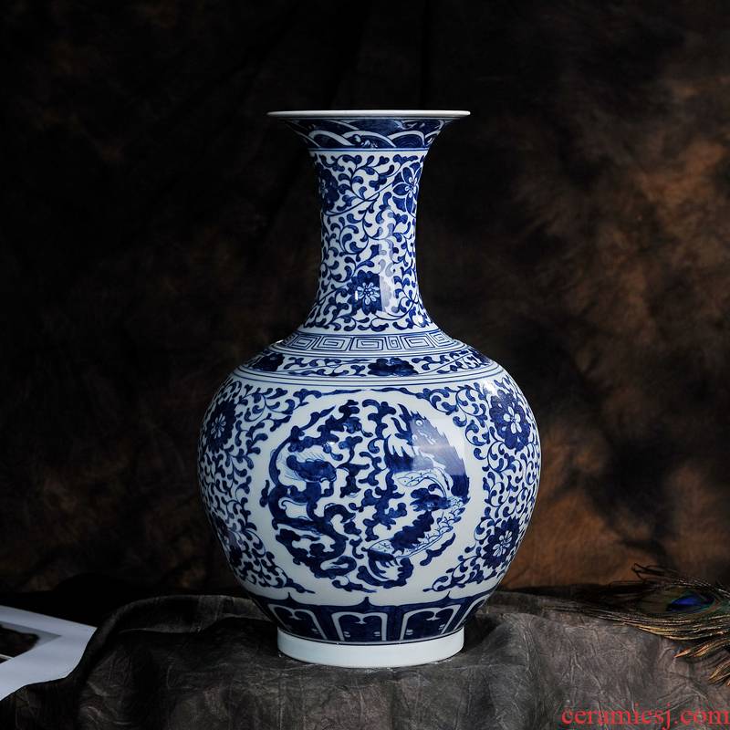Antique hand - made longfeng design of blue and white porcelain of jingdezhen ceramic vases, flower crafts sitting room adornment furnishing articles