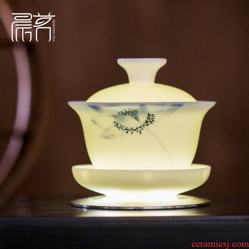 Jade porcelain hand - made tureen worship dehua white bowl large tea cups three bowl of kung fu tea set hand grasp pot of ceramics