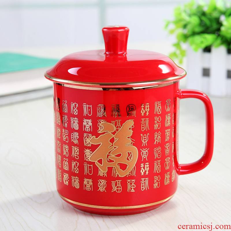Jingdezhen Chinese red cup fine ceramic cups with cover the elder birthday gifts with a cup of buford figure