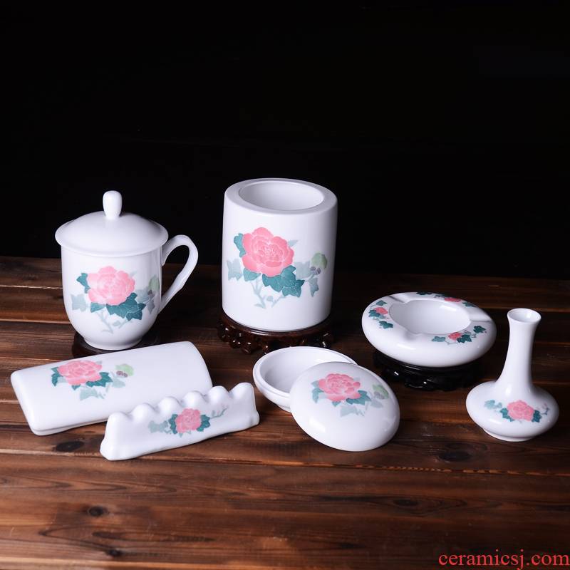 Hand - made hibiscus office stationery combination porcelain office gift set four furnishing articles