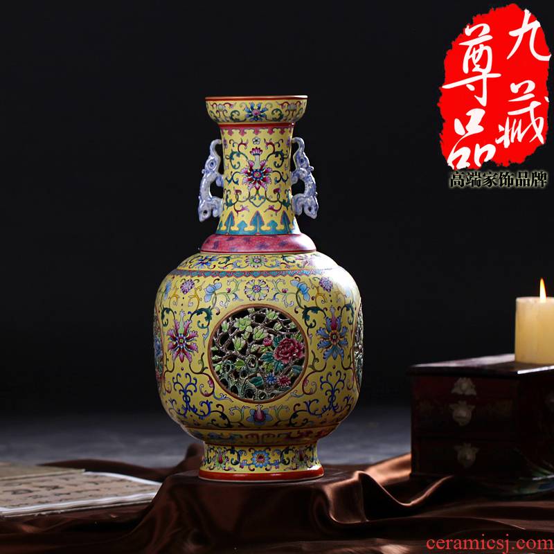 Jingdezhen ceramics imitation the qing qianlong pastel yellow medallion to hollow out the revolving vase household handicraft furnishing articles