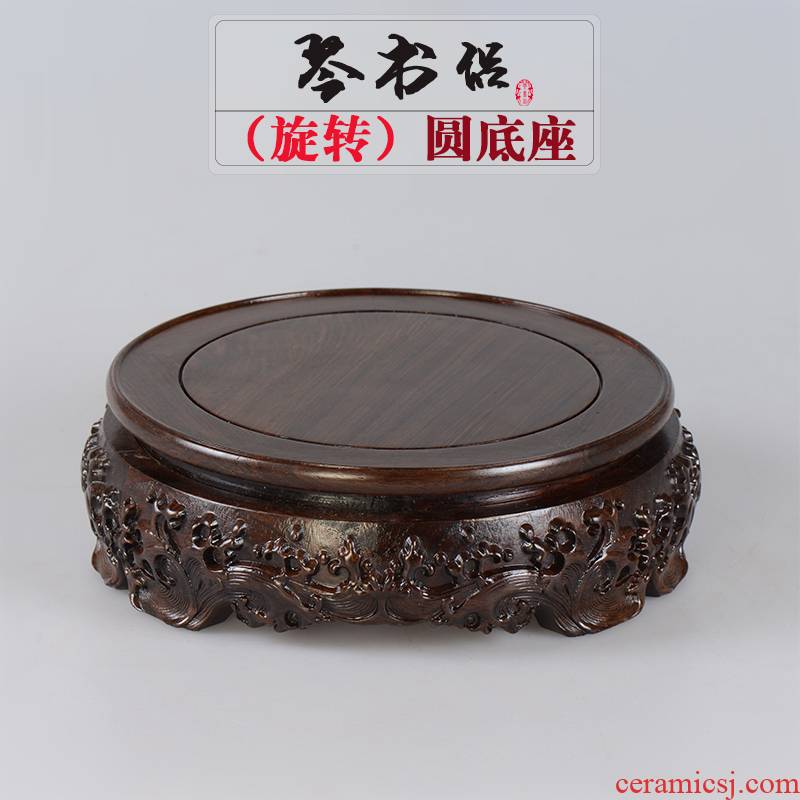 Ebony base circular tank vase base stone miniascape of Buddha base can rotate base solid wood