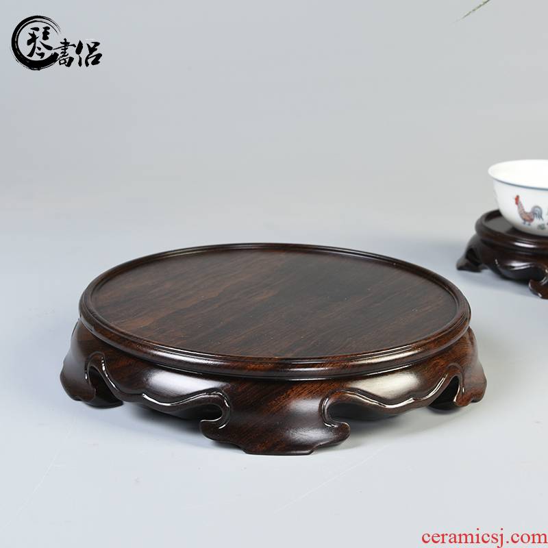 Ebony woodcarvings plate monolith circular base solid wood can be excavated base of vases, antique teapot censer base frame