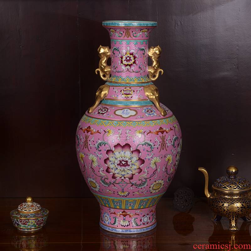 Jingdezhen ceramic vases, antique hand - made the see colour pink ears around the lotus flower bottle handicraft home furnishing articles sitting room
