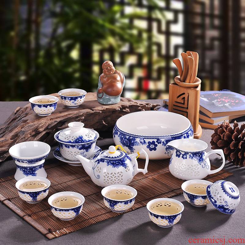 Jingdezhen porcelain hand engraved look exquisite porcelain tea sets a complete set of kung fu tea cup gift tea set