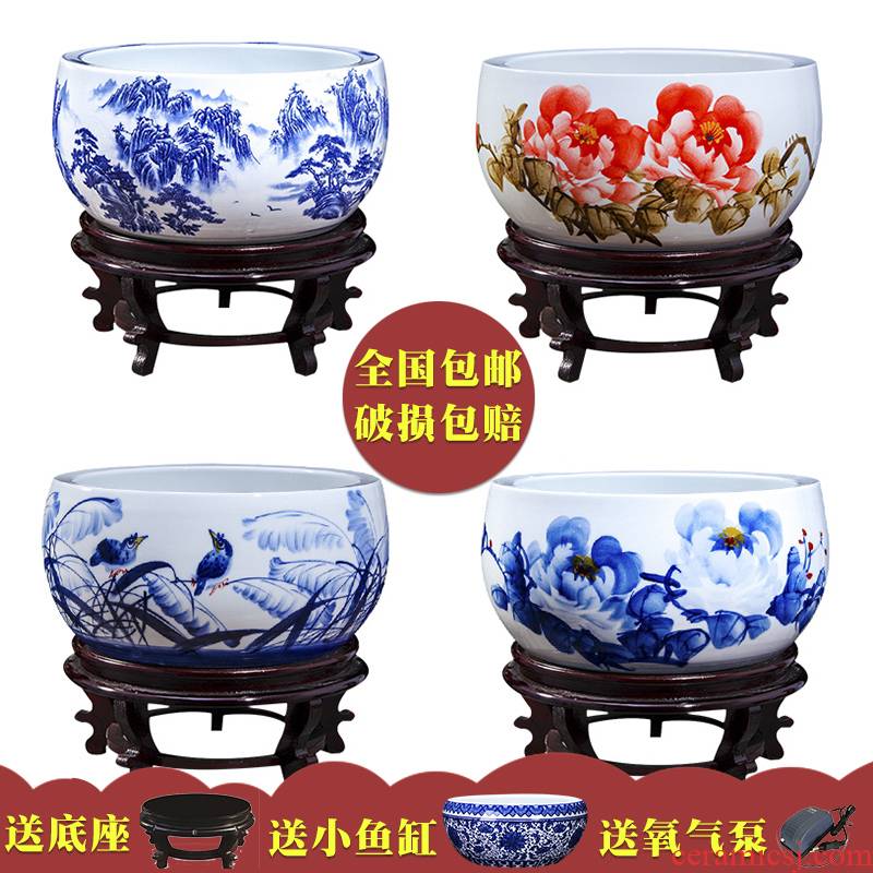 Jingdezhen ceramic aquarium fish bowl lotus pond lily blue turtles cylinder bowl lotus lotus basin landscape