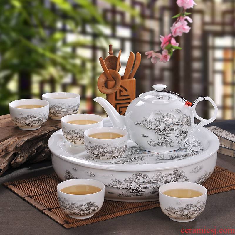 Jingdezhen ceramic tea set a complete set of embossment snow scenery kung fu tea tea pot with big capacity tea tray saucer