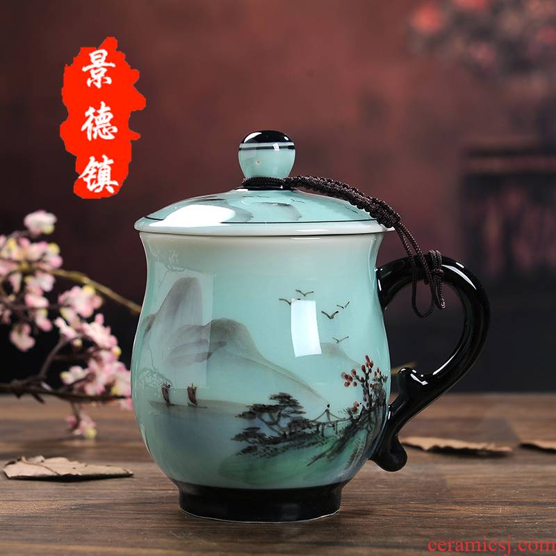 Jingdezhen ceramic cup with cover hand - made teacup home office and meeting the personal mark water in a cup gift set