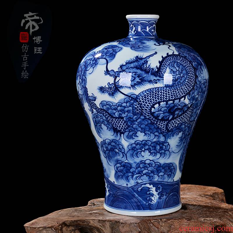 Jingdezhen ceramic vase imitation yongzheng high - grade hand - made antique blue and white porcelain dragon grain mei bottle decoration furnishing articles