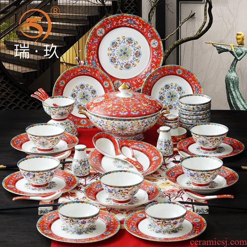 Tangshan ipads porcelain tableware dishes suit Chinese colored enamel tableware creative household ceramic dishes tableware box