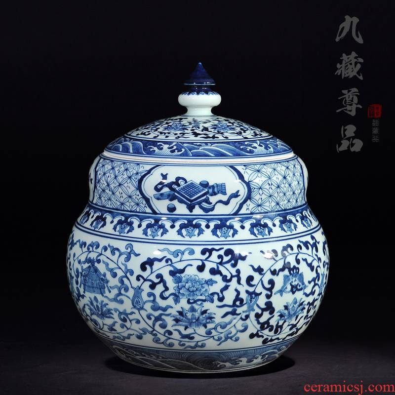 Jingdezhen ceramics antique hand - made of blue and white porcelain jar with cover storage tank sitting room adornment crafts