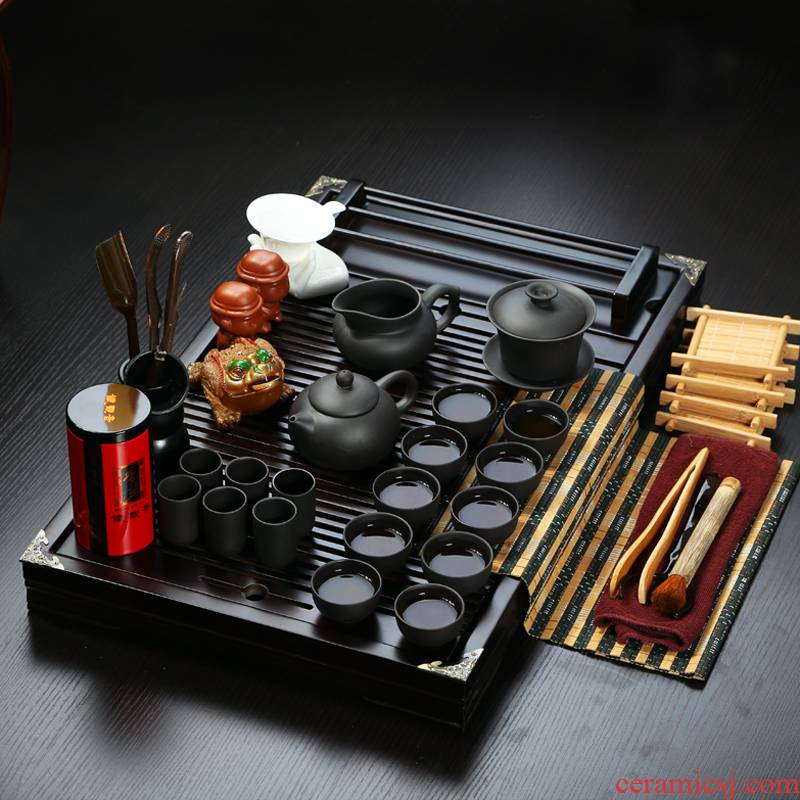 ZongTang kung fu tea set a complete set of solid wood tea tray ceramic purple sea ice to crack the teapot tea cups