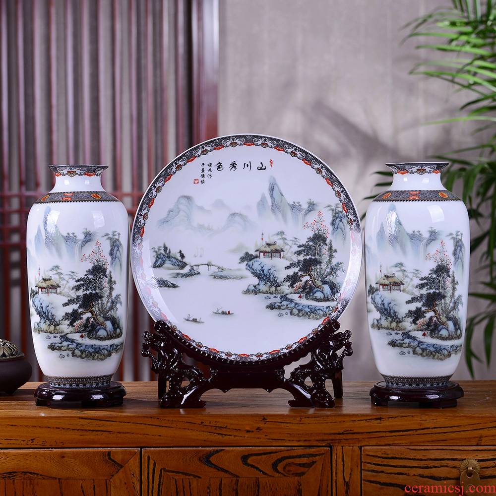 Jingdezhen ceramic vase furnishing articles mountains xiuse three - piece famille rose porcelain of modern home sitting room adornment