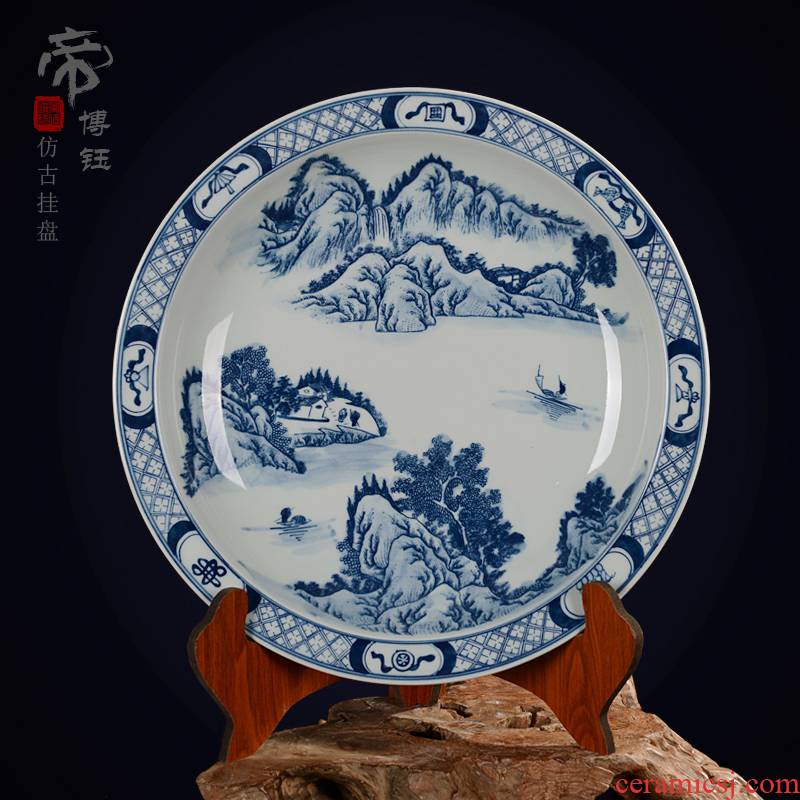 Jingdezhen ceramic decoration plate sit plate hanging dish hand - made antique blue - and - white porcelain handicraft furnishing articles landscape figure landscapes