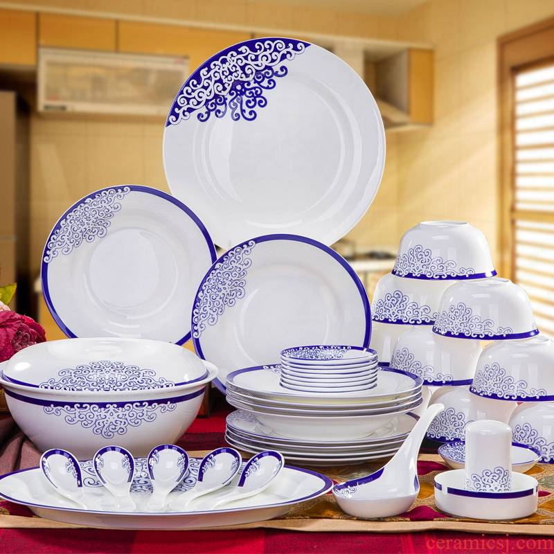 28 head Home dishes suit 56 blue and white porcelain bowls suit Chinese small and medium - sized bowl soup plate tableware jingdezhen glaze