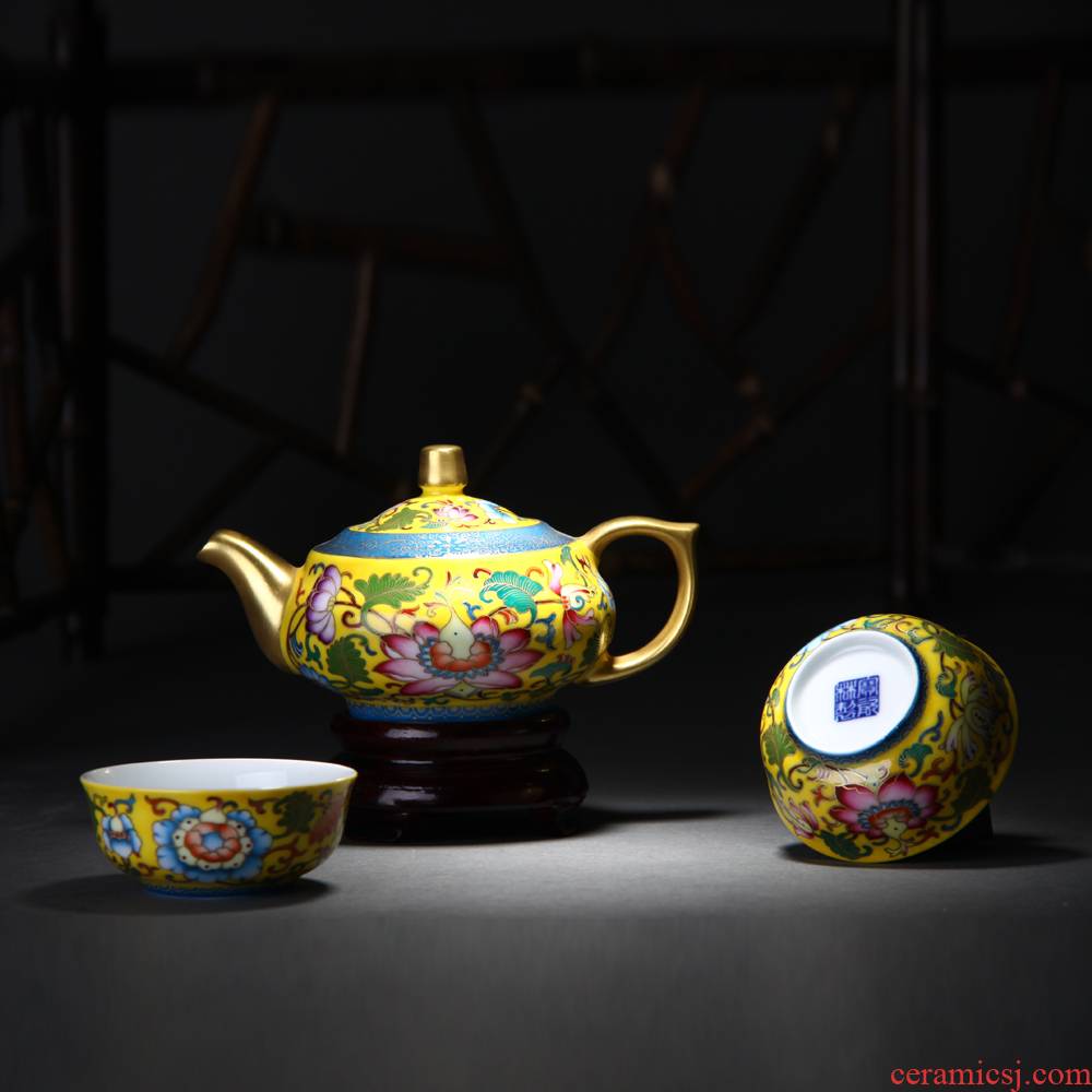 Treasure porcelain colored enamel Lin, a pot of two cups of tea, black/red/yellow color feature jingdezhen porcelain