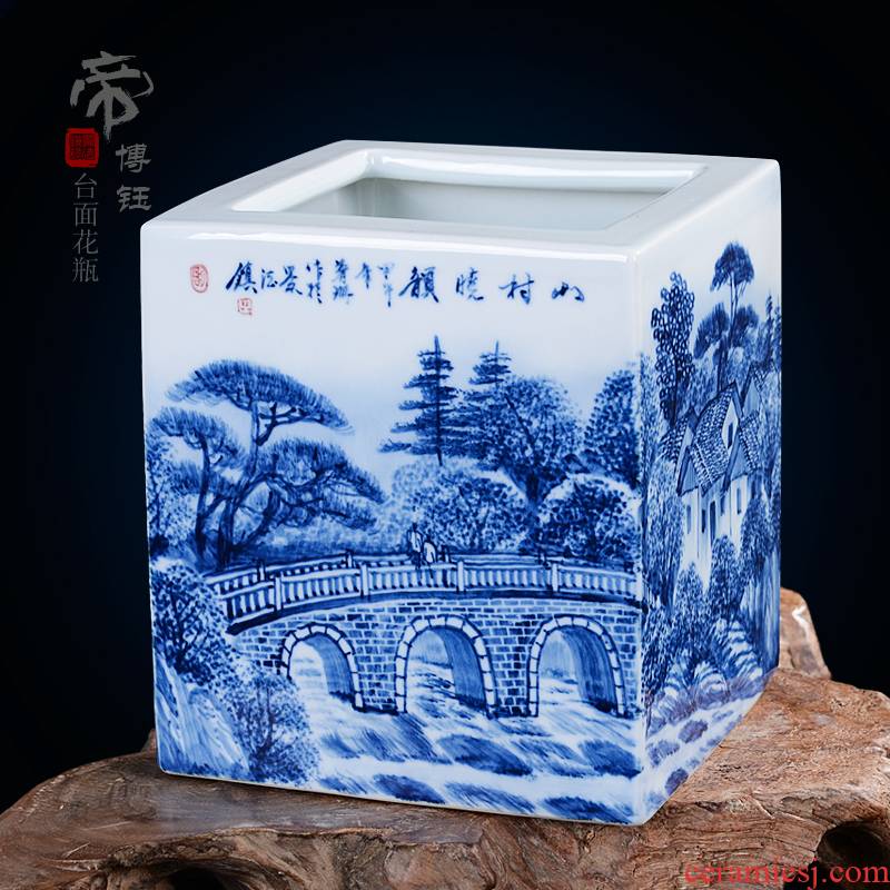 Jingdezhen ceramics famous works hand - made traditional Chinese painting landscape square vase vases, decorative arts and crafts