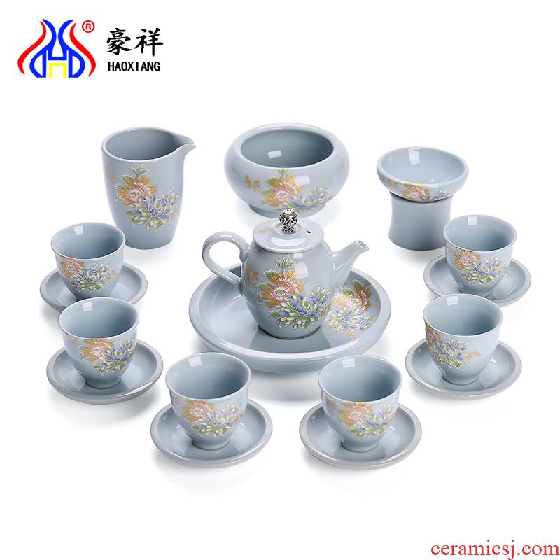 Howe cheung kung fu tea set suit Japanese on ceramic splendid peony flower elder brother up with household lid bowl of gift boxes