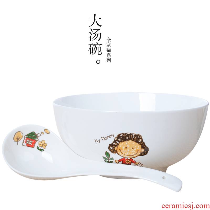 Family soup bowl li riceses leave creative ceramic bowl tablespoons of cartoon ceramic bowl bowl spoon to use