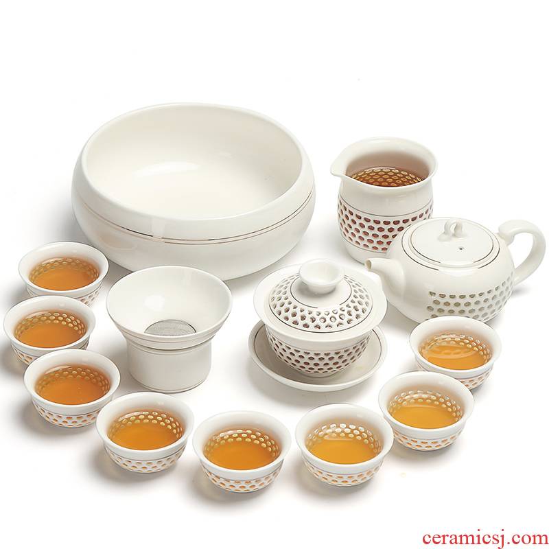 True sheng blue and white honeycomb and exquisite hollow out creative tea set a complete set of ceramic kung fu tea tea, the teapot teacup