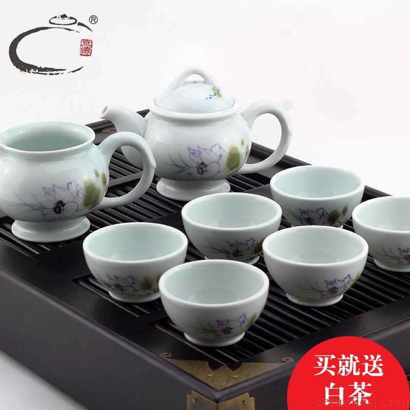 Kung fu tea set and more auspicious ceramics suit household filter heat - resistant porcelain tea, green tea of a complete set of combination