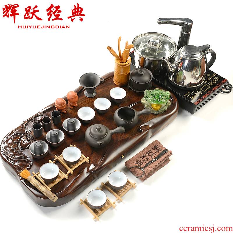 Hui, make violet arenaceous kung fu tea set induction cooker ebony the whole piece of lithographic solid wood tea tray of a complete set of tea cups