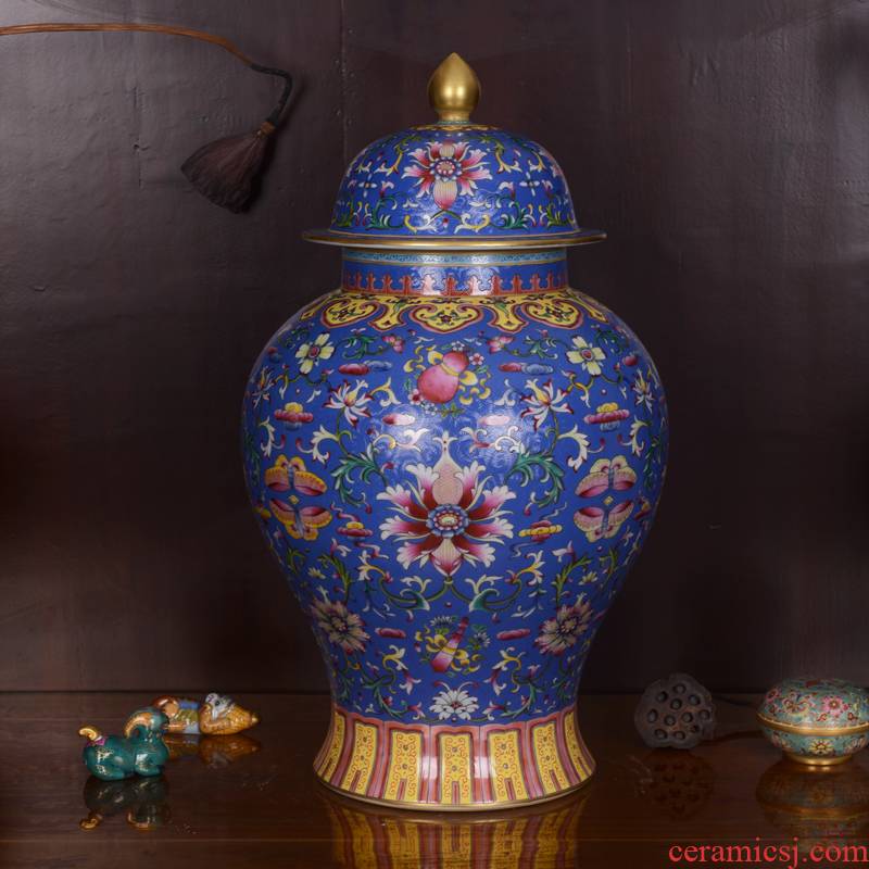 Jingdezhen ceramics antique hand - made pastel blue lotus general pot vase of classical sitting room adornment