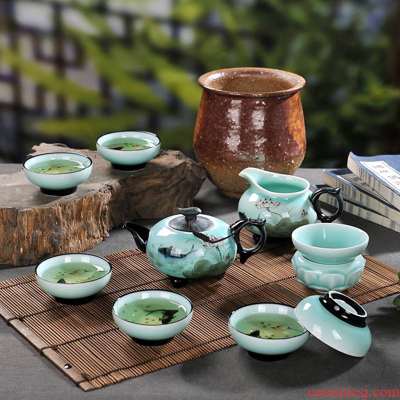 Jingdezhen ceramic kung fu tea set celadon carp teapot teacup hand - made lotus tea set a complete set of gift boxes
