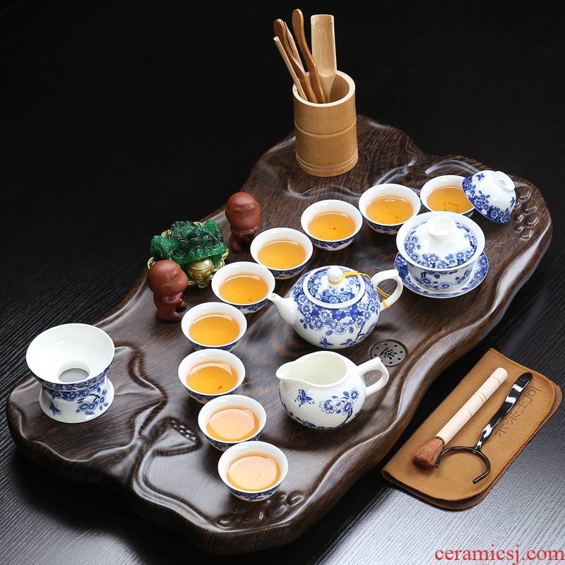 Ceramic teapot teacup ZongTang purple sand tea set household kung fu tea tea science and technology, wood real wood tea tray