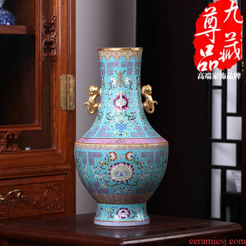 Jingdezhen ceramics imitation the qing qianlong pastel cui to tie up branch lines double lion penetration ear vase collection crafts
