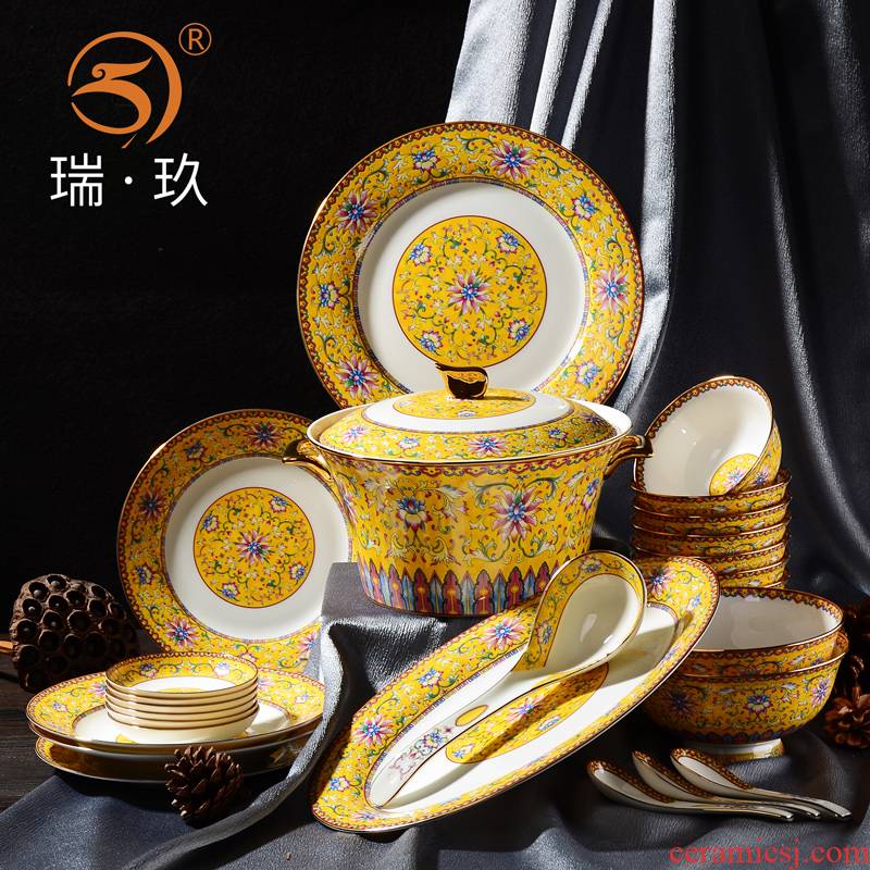 Tangshan ipads porcelain tableware dishes suit household of Chinese style ceramic bowl dish combination 58 head colored enamel tableware gift boxes