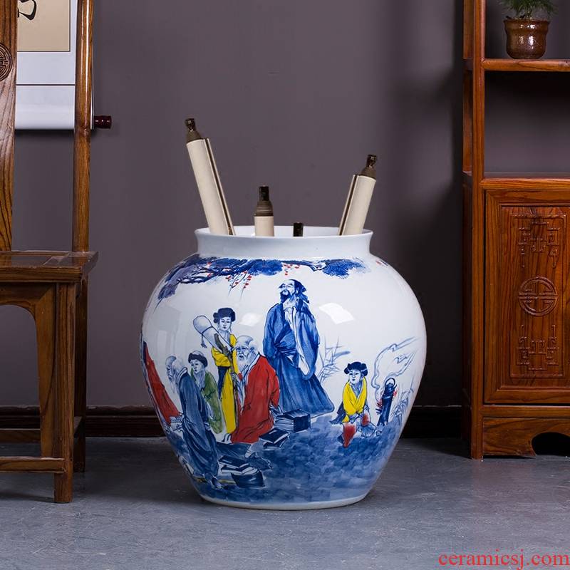 Hand - made landing pot - bellied pot vase of blue and white porcelain of jingdezhen ceramics sitting room adornment is placed on the calligraphy and painting scroll cylinder