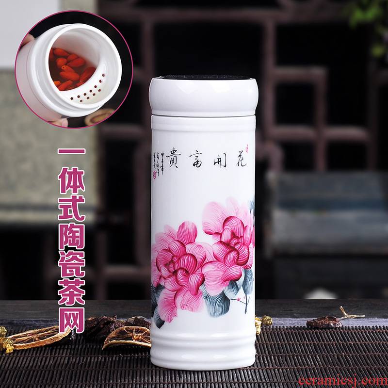 Jingdezhen ceramic double cup with cover and heat insulation cup with blue and white glass cup slip through glass office men and women