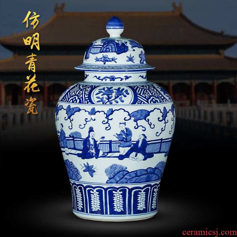 Jingdezhen ceramic floor big vase hand - made antique imitation Ming blue and white porcelain sitting room porch place large ornament