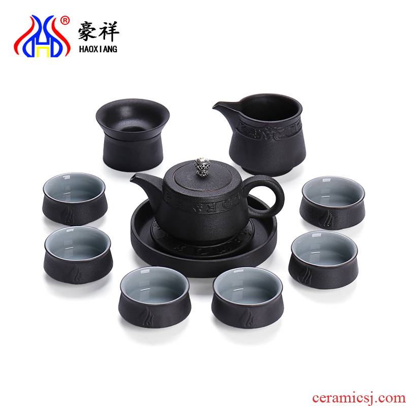 Howe auspicious household utensils sets coarse pottery kung fu tea set gift box, black pottery tea tureen teapot teacup