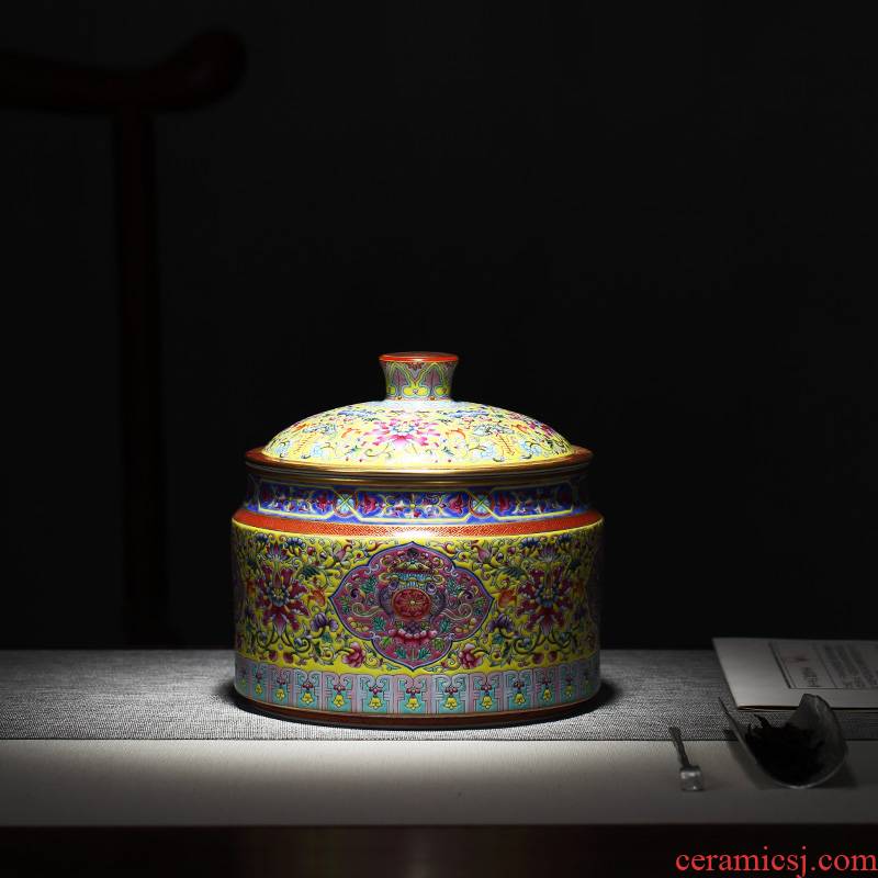 Colored enamel caddy fixings jingdezhen ceramic all hand around Chinese penjing eight auspicious lotus flower grain large storage tanks