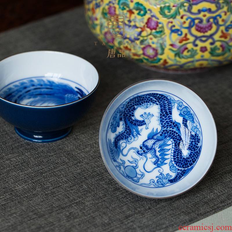 Ji blue hand made longfeng stripes of blue and white porcelain of jingdezhen ceramic masters cup kung fu tea tea to CPU