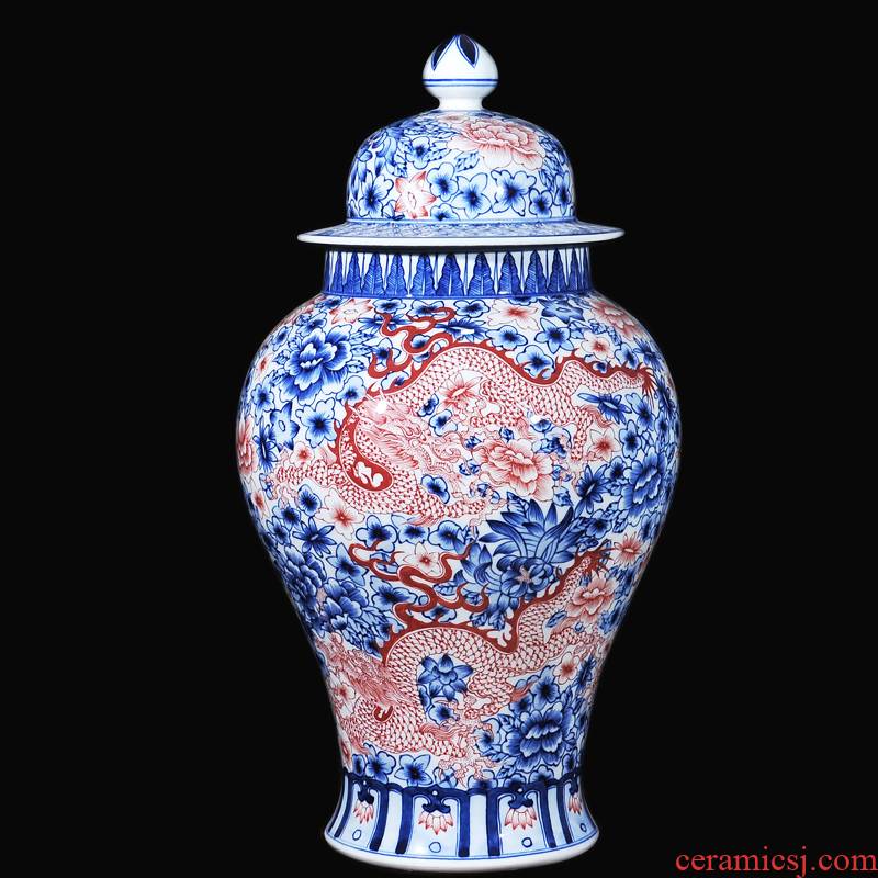 Antique hand - made porcelain of jingdezhen ceramics youligong red dragon wear purple flower general tank household decoration decoration