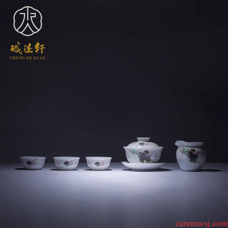 "Custom" jingdezhen cheng DE xuan tea set, ceramic checking suits for 8 lotus head set of powder enamel fish play