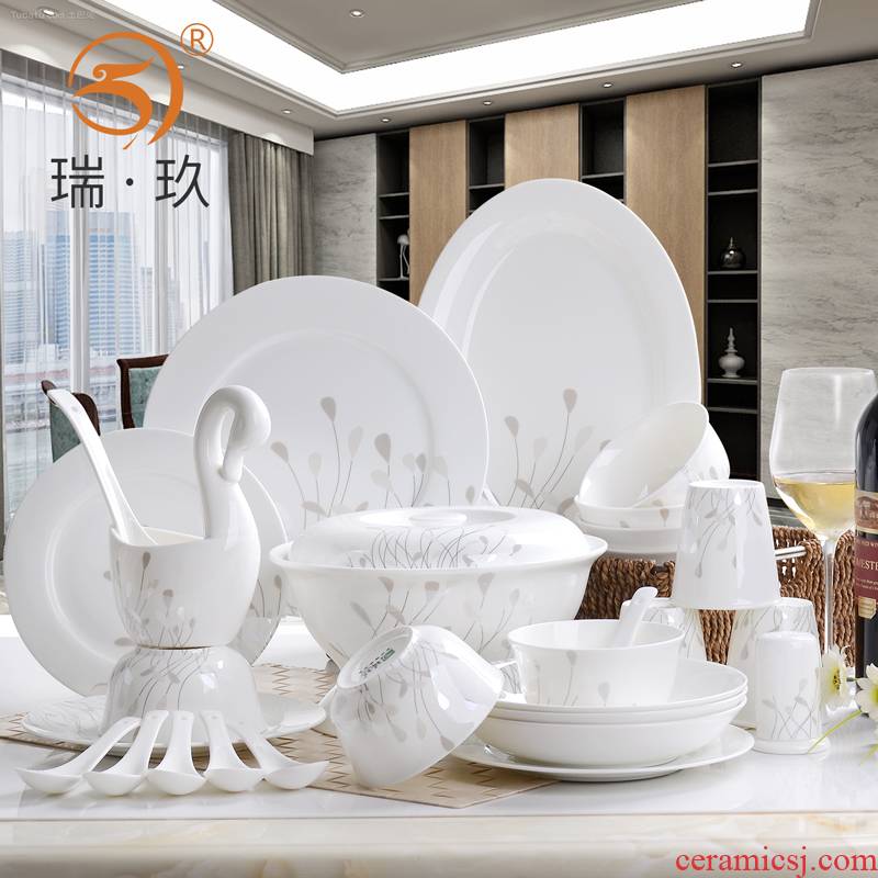 Tangshan 56 skull porcelain tableware suit dishes of Chinese style household contracted ceramic tableware tableware dishes suit package